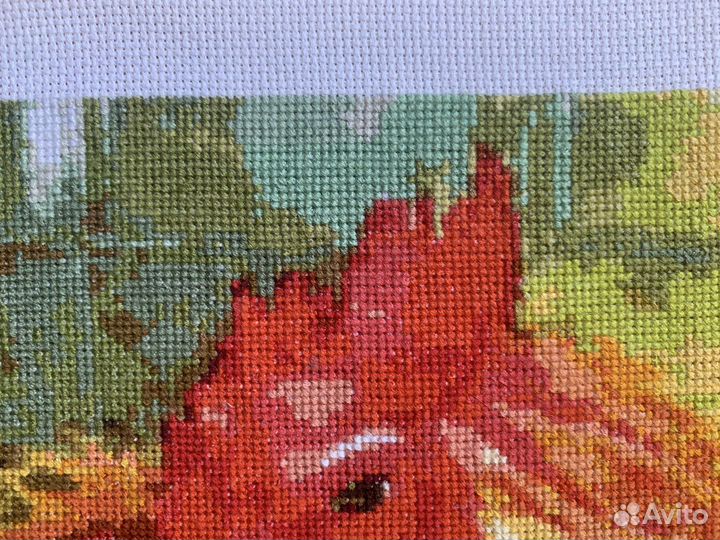 Картина. Вышивка коестом. Петух акварельный