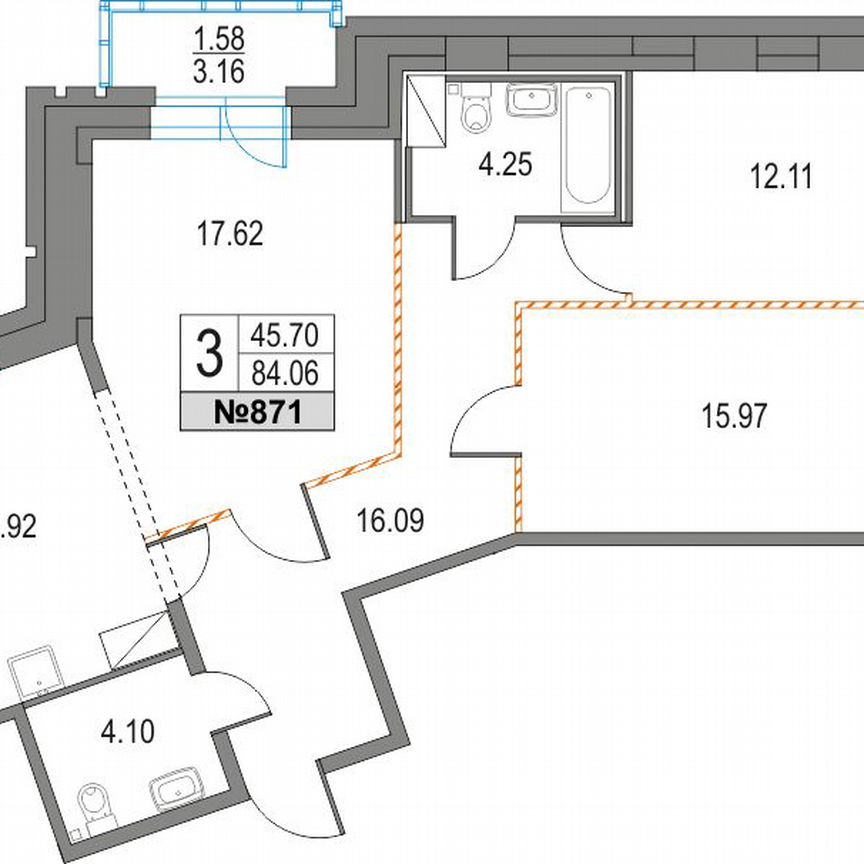 3-к. квартира, 84,1 м², 17/25 эт.