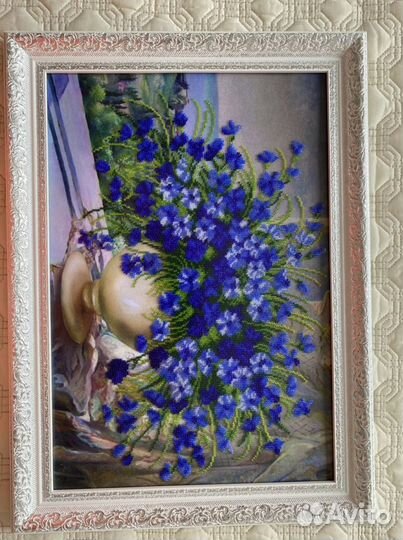 Картина «Васильки», вышивка бисером 40х50 в рамке