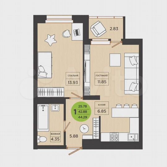 2-к. квартира, 44,3 м², 26/26 эт.