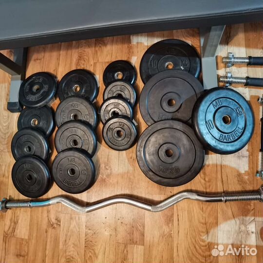 Скамья, штанга, гриф и блины