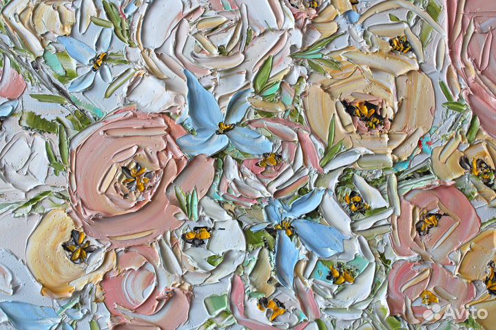 Картина с букетом роз абстрактная текстурная масло
