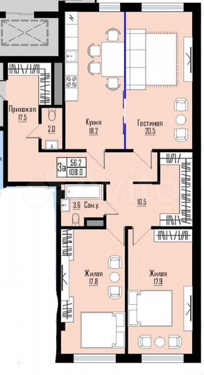 1-к. квартира, 107 м², 4/12 эт.