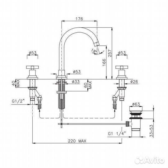 Nicolazzi Mac Kinley 05 Смеситель для раковины на 3 отверстия, излив: 176мм, цвет: хром