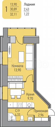 1-к. квартира, 32,1 м², 14/17 эт.