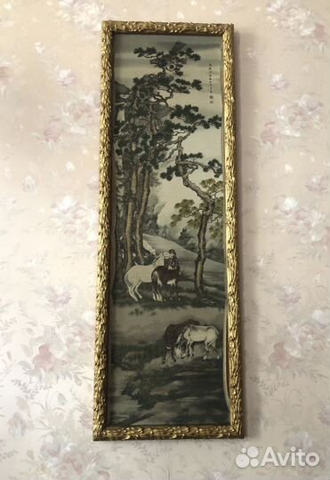 Старинное панно, шёлковая вышивка Китай винтаж