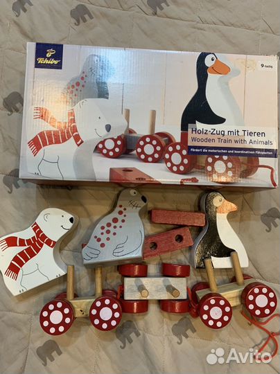 Деревянный поезд-пазл-каталка