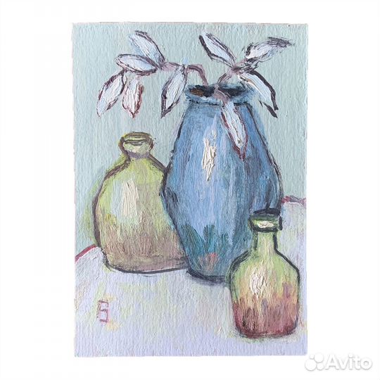 Картина маслом натюрморт с синей вазой