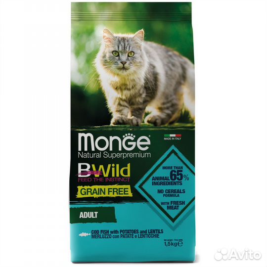 Monge Cat BWild grain free, с треской, картоф 1,5