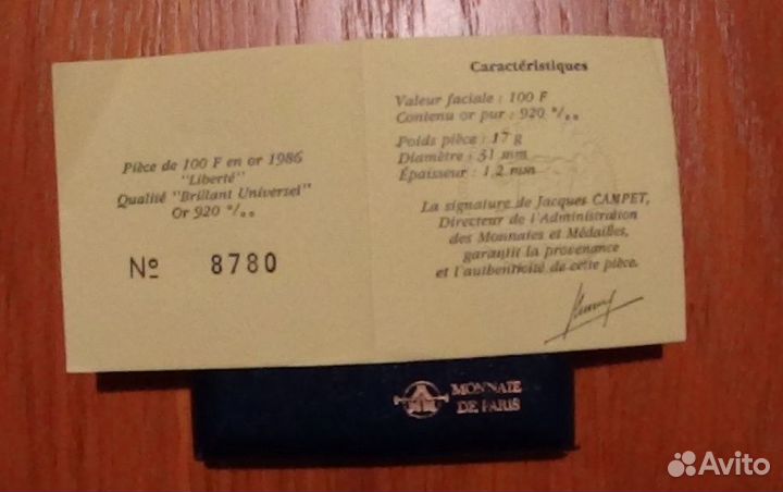 Золото 100 франков 1986 Франция очень редкая proof