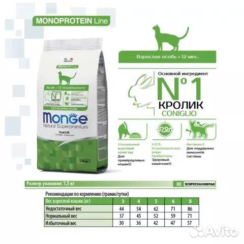 Сухой корм Monge Adult Cat, с кроликом 1.5 кг