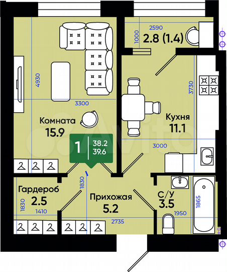 1-к. квартира, 40,4 м², 3/3 эт.