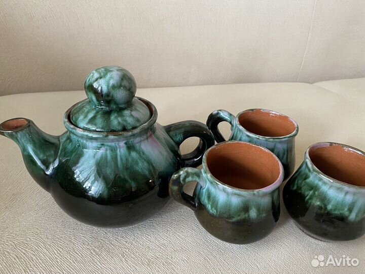 Чайник глиняный и 3 кружки