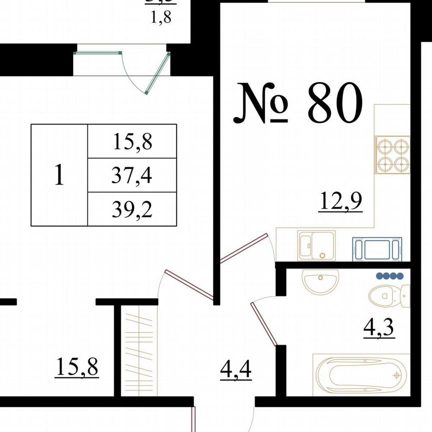 1-к. квартира, 39,2 м², 2/8 эт.