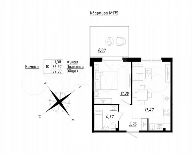 1-к. квартира, 39,4 м², 1/5 эт.