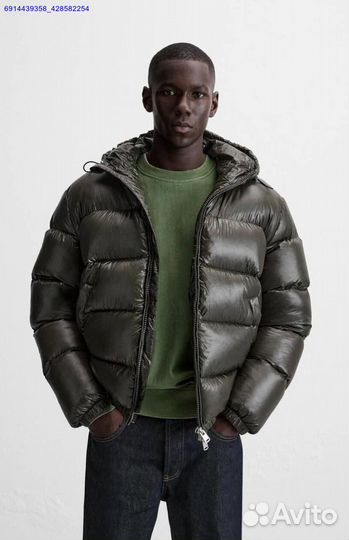 Пуховик Zara x Moncler Глянцевый Хаки (Арт.61666)