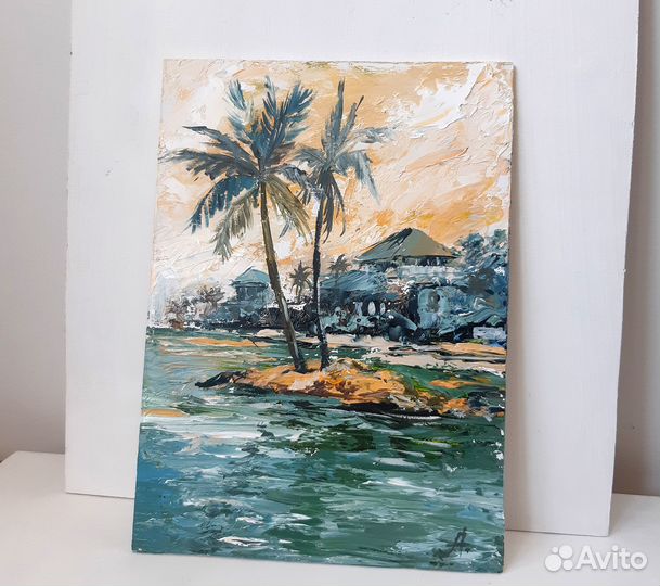 Картина миниатюра Пальмы и домики на берегу моря