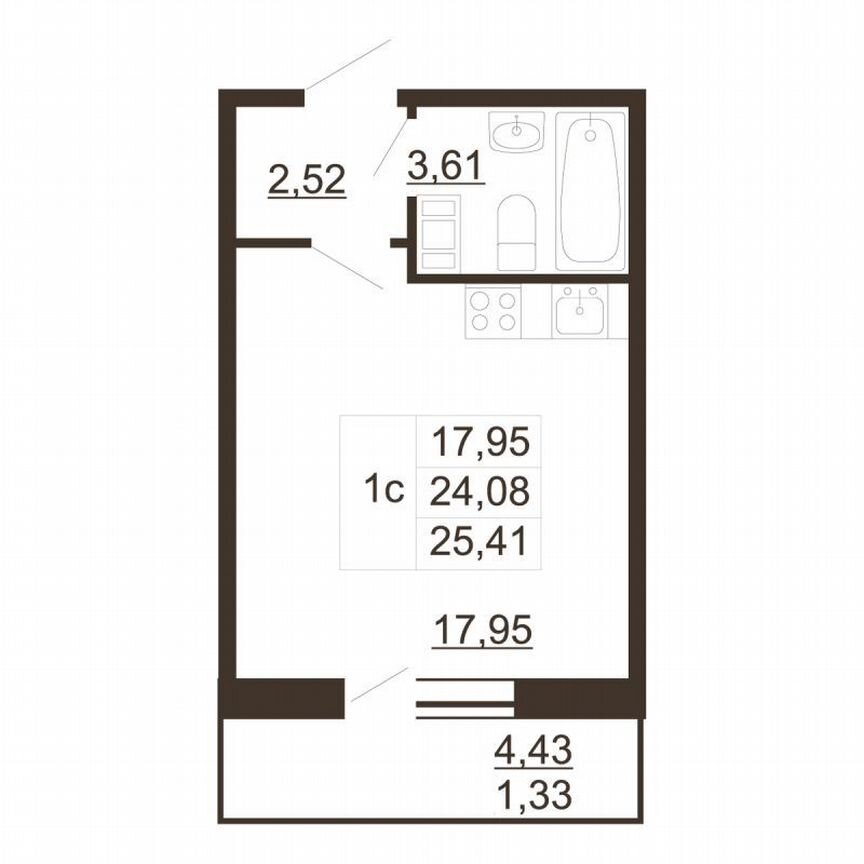 Квартира-студия, 25,4 м², 6/6 эт.