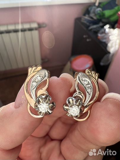 Золотые серьги тюльпаны с бриллиантами СССР 583 пр