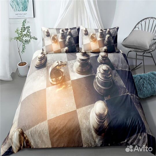 Постельное белье шахматы, космос, белый мишка