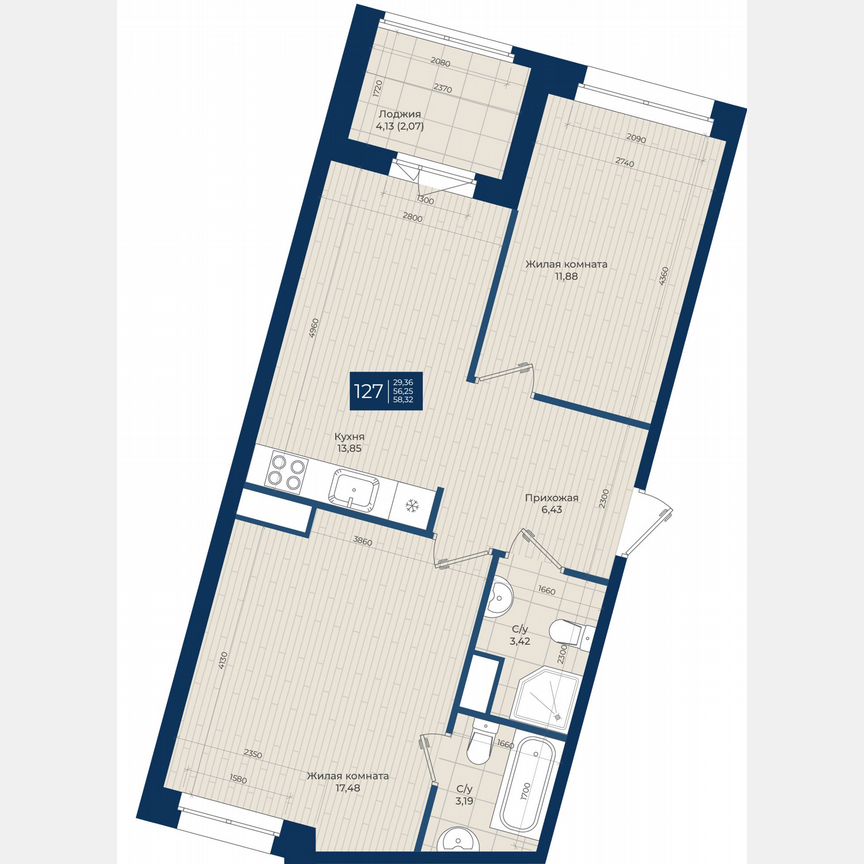 2-к. квартира, 58,3 м², 4/12 эт.