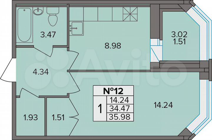 1-к. квартира, 36 м², 1/9 эт.