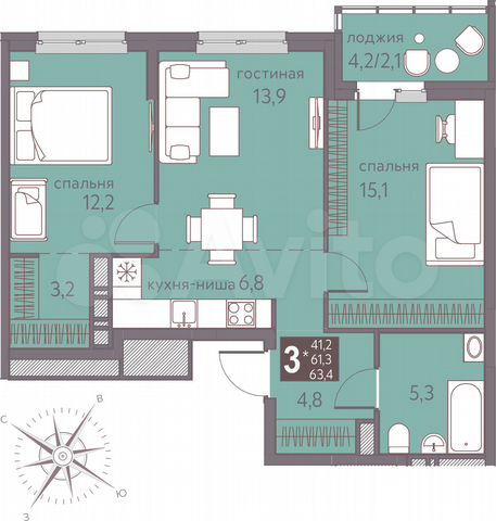 3-к. квартира, 63,4 м², 6/16 эт.