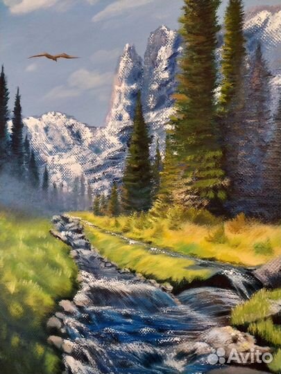 Картина маслом Горы и Река. Подарок руководителю