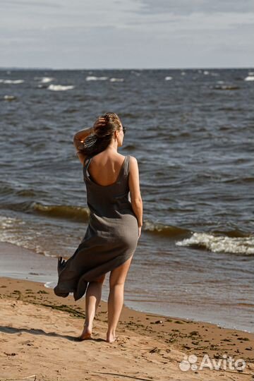 Льняное платье миди в цвете графит, XS-S