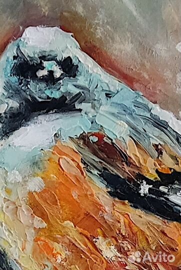 Картина маслом Зима Птичка на ветке рябины