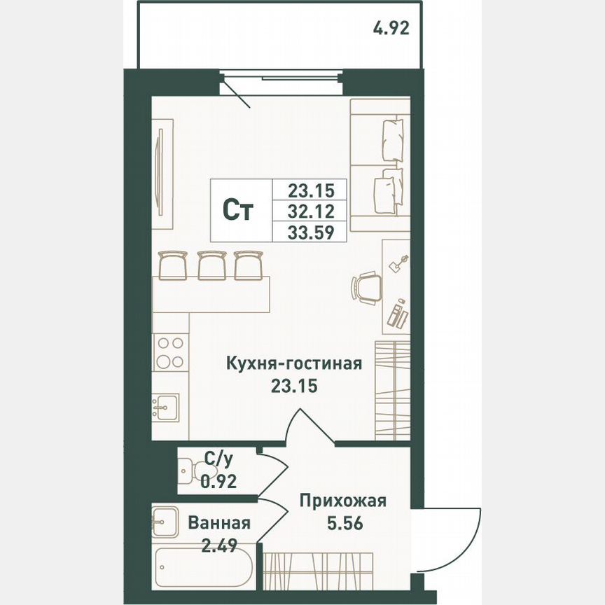 Квартира-студия, 33,6 м², 9/16 эт.