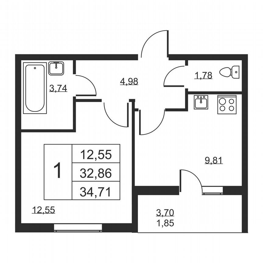 1-к. квартира, 34,7 м², 2/19 эт.