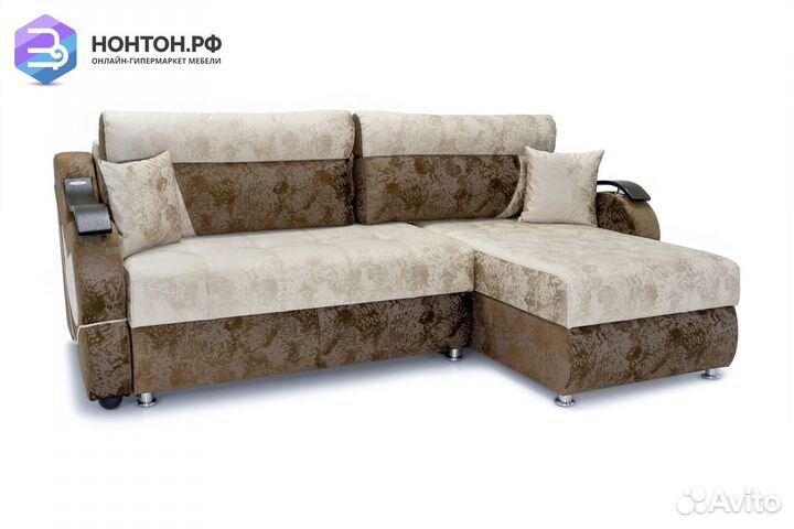 Диван угловой тик-так Дублин бежевый / коричневый