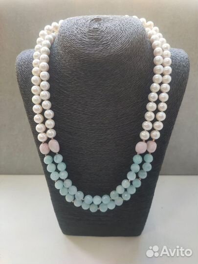 Бусы из жемчуга, аквамарина и кунцита