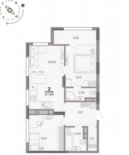 2-к. квартира, 67,9 м², 25/25 эт.