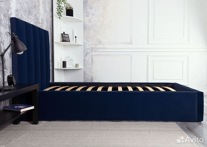 Кровать односпальная Богема 90х200 в велюре Синяя