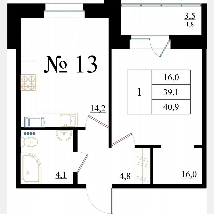 1-к. квартира, 40,9 м², 3/8 эт.
