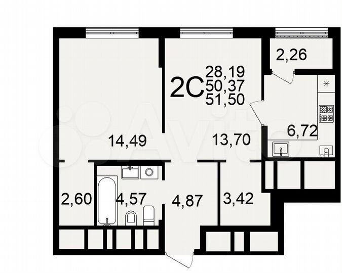 2-к. квартира, 51,5 м², 2/26 эт.