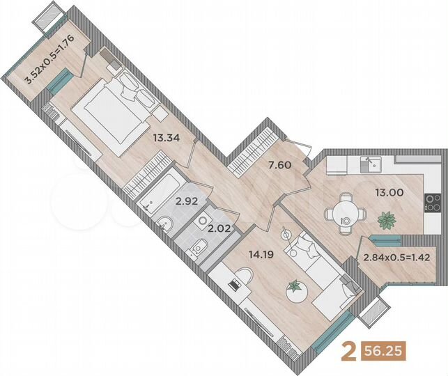 2-к. квартира, 56,3 м², 7/8 эт.