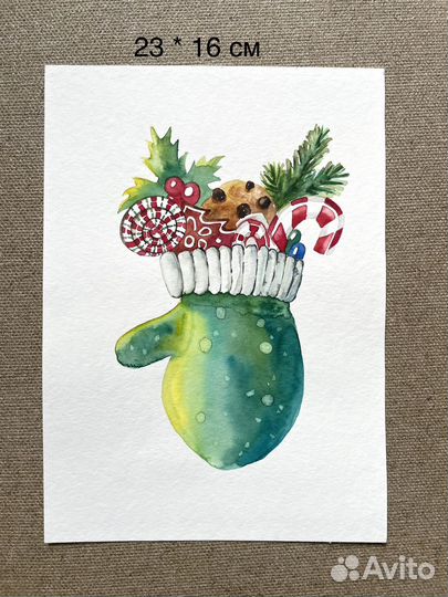 Акварельная открытка, картина. Новый год