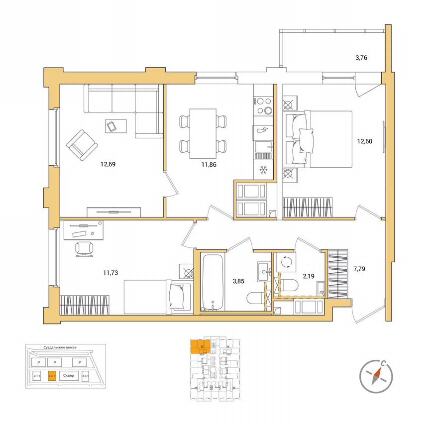 3-к. квартира, 64,6 м², 22/25 эт.
