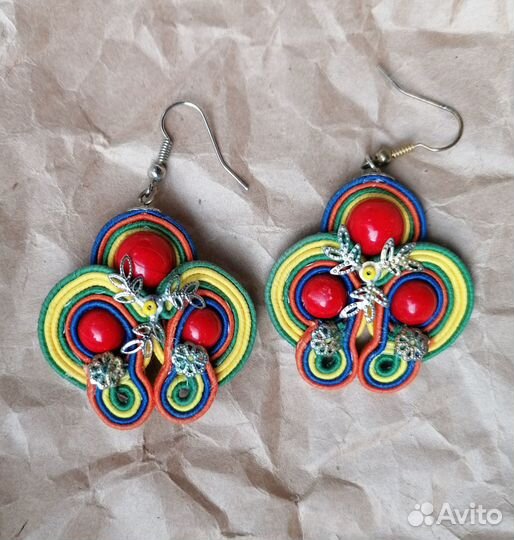 Серьги Сутаж, с кораллом, ручная работа