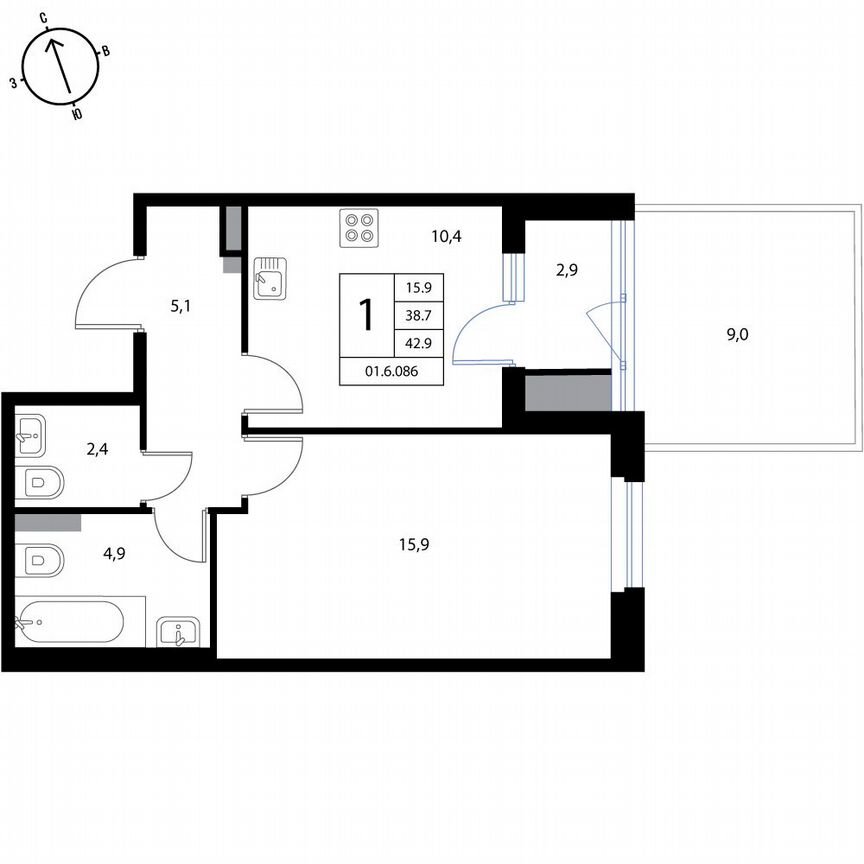 1-к. квартира, 42,9 м², 1/3 эт.
