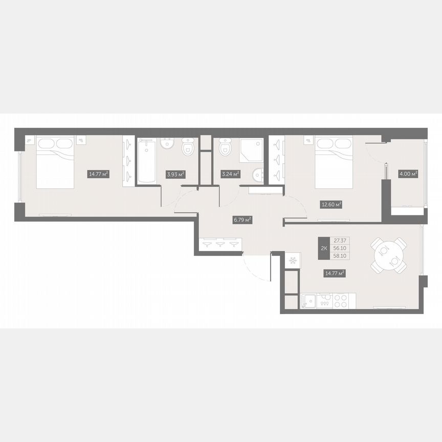2-к. квартира, 58,1 м², 8/10 эт.