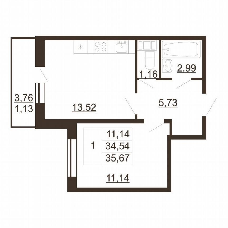 1-к. квартира, 35,7 м², 6/6 эт.