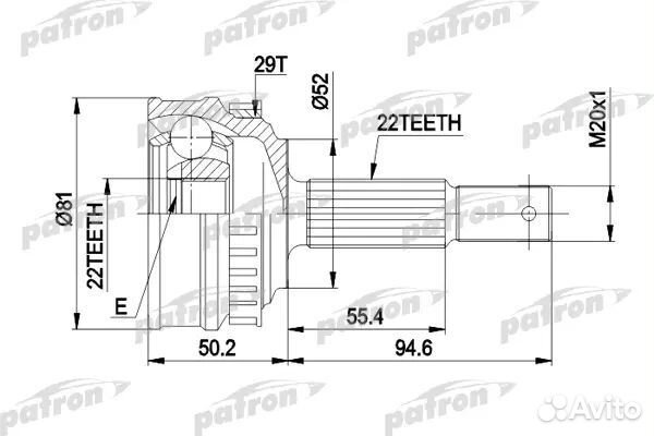 Patron PCV1056 ШРУС наружн к-кт 22x52x22 D81 ABS29