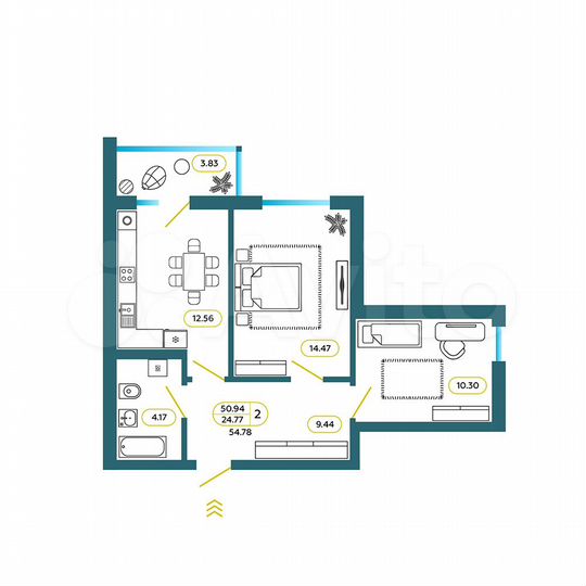 2-к. квартира, 54,8 м², 6/7 эт.