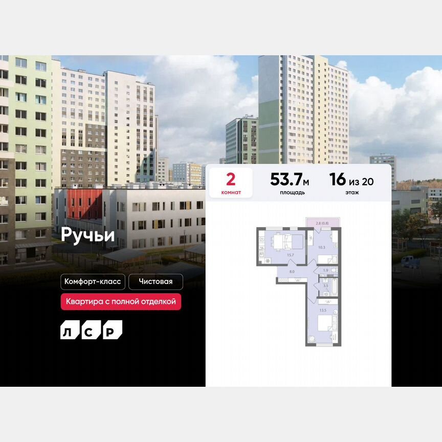 2-к. квартира, 53,7 м², 16/20 эт.