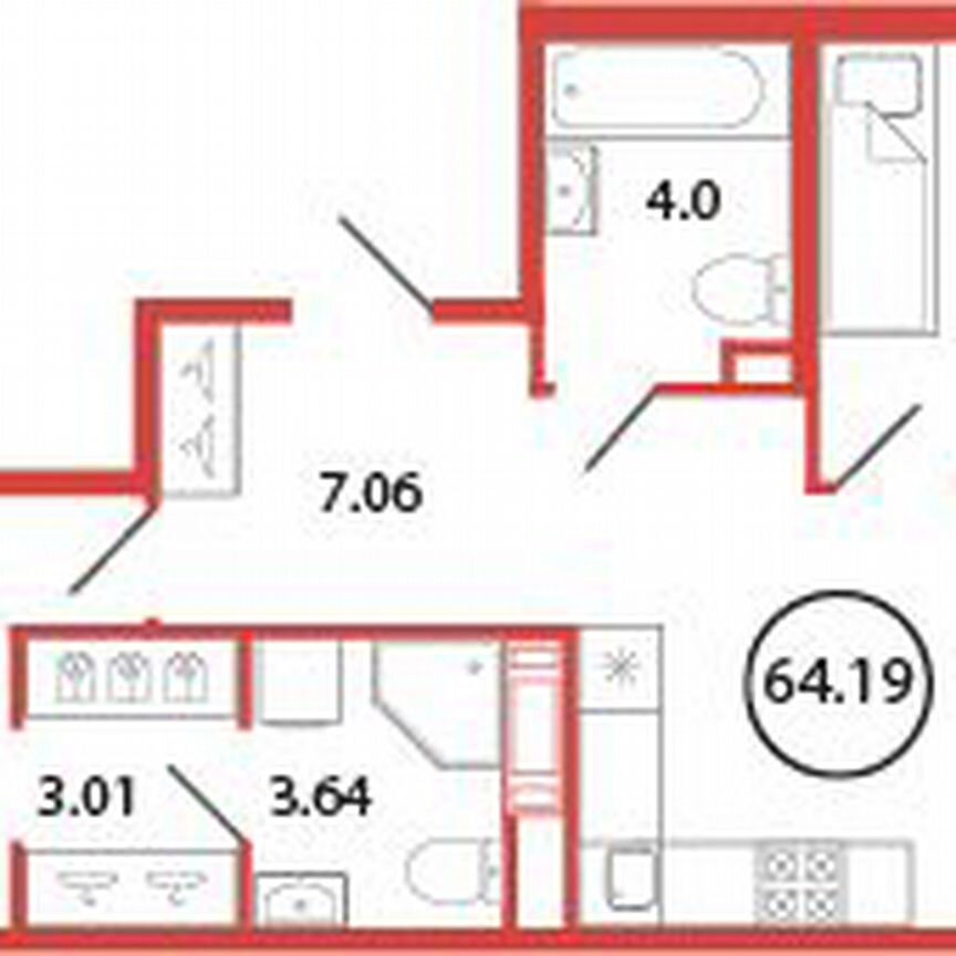 2-к. квартира, 64,2 м², 12/12 эт.