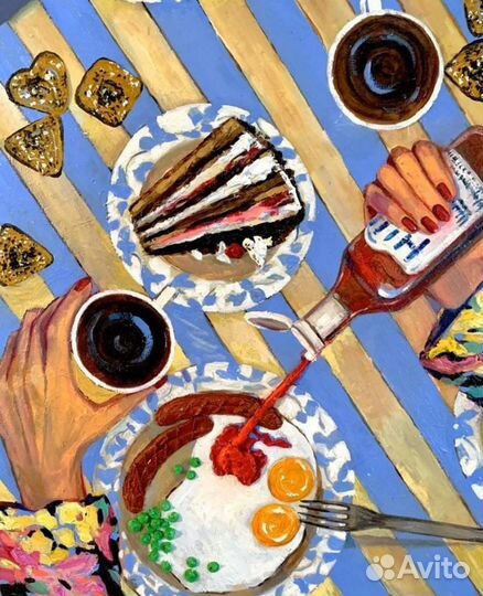Картина маслом натюрморт завтрак яичница торт